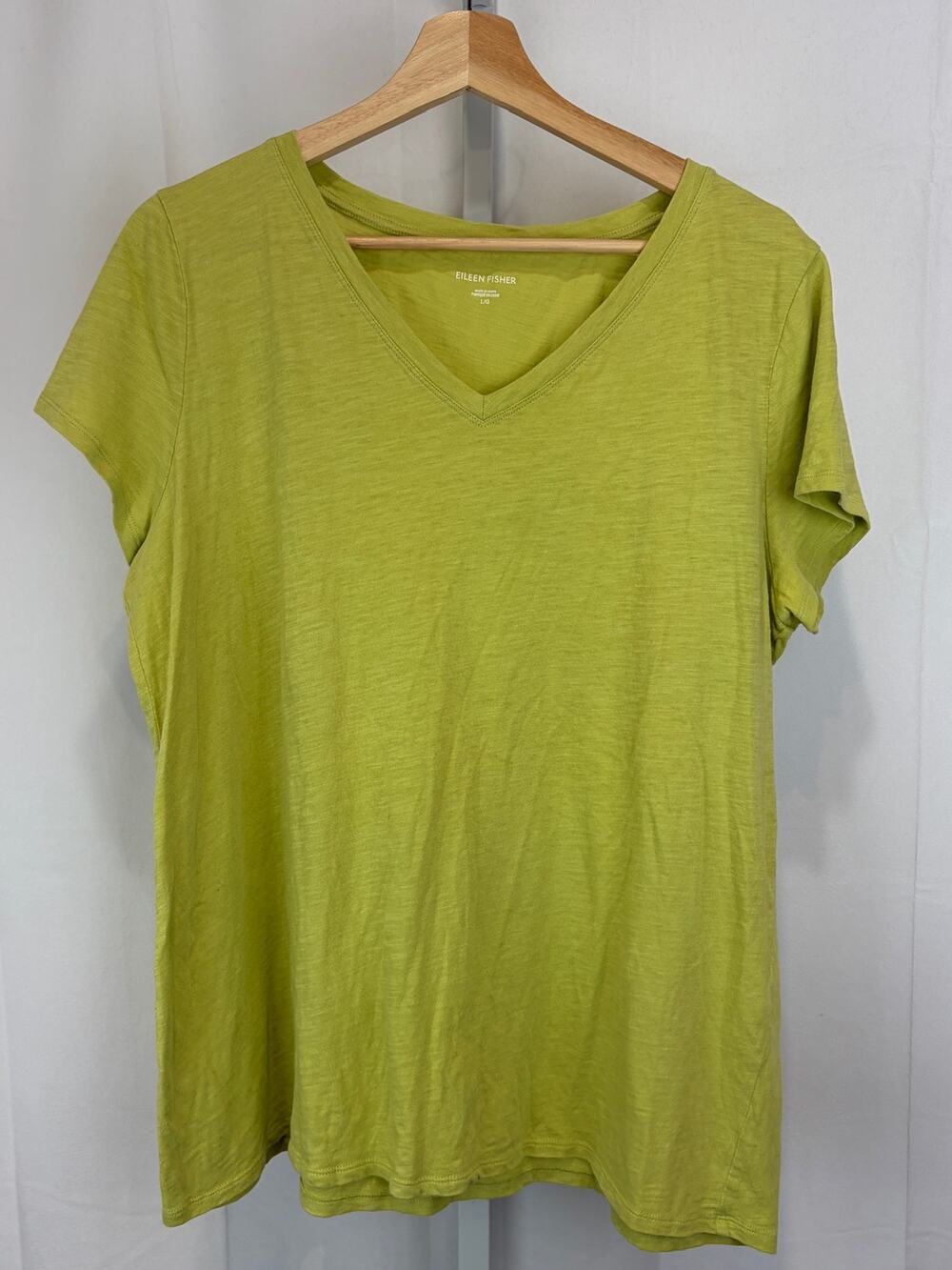 EILEEN FISHER Organic Cotton Slub V-Neck Short Sleeve T Shirt Top Green Size L